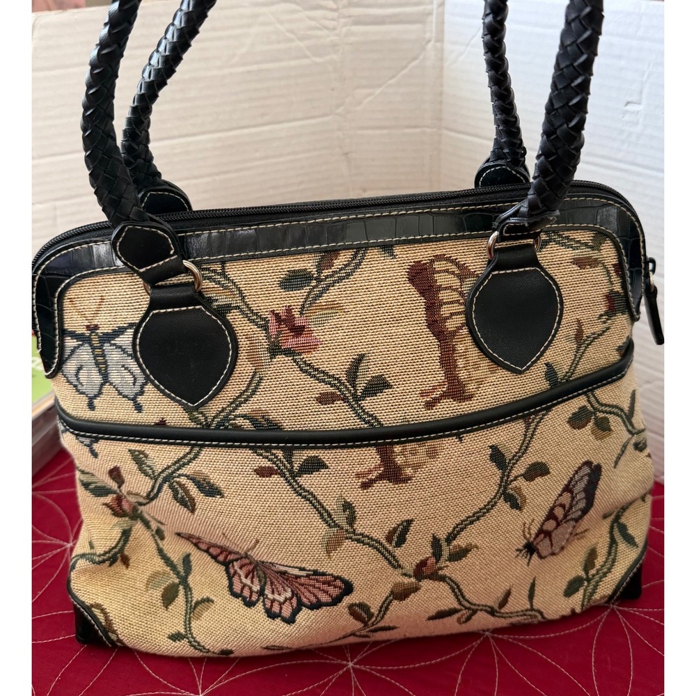 Elka Handbags Butterfly Floral Tapestry Satchel Bag Black Braided Straps NWT